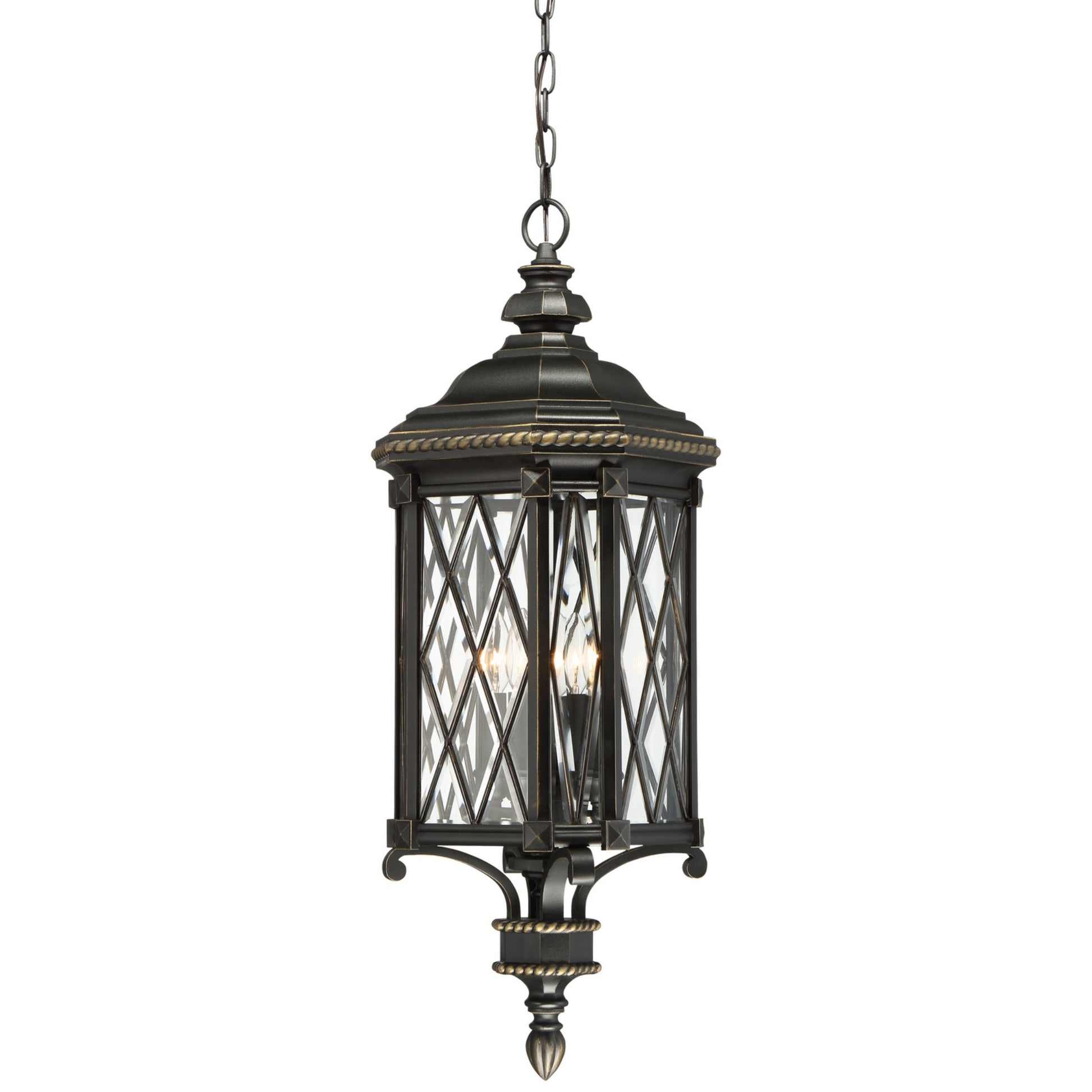 Bexley Manor 11" 4-Light Outdoor Chain Hung, Coal & Gold Highlights - Bees Lighting