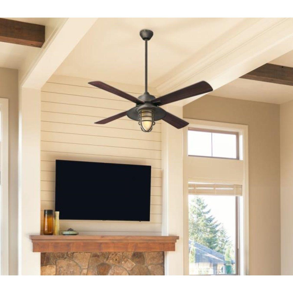 Porto 52 Inch Rustic Caged Smart Ceiling Fan With Light And Remote, Black/Bronze Finish
