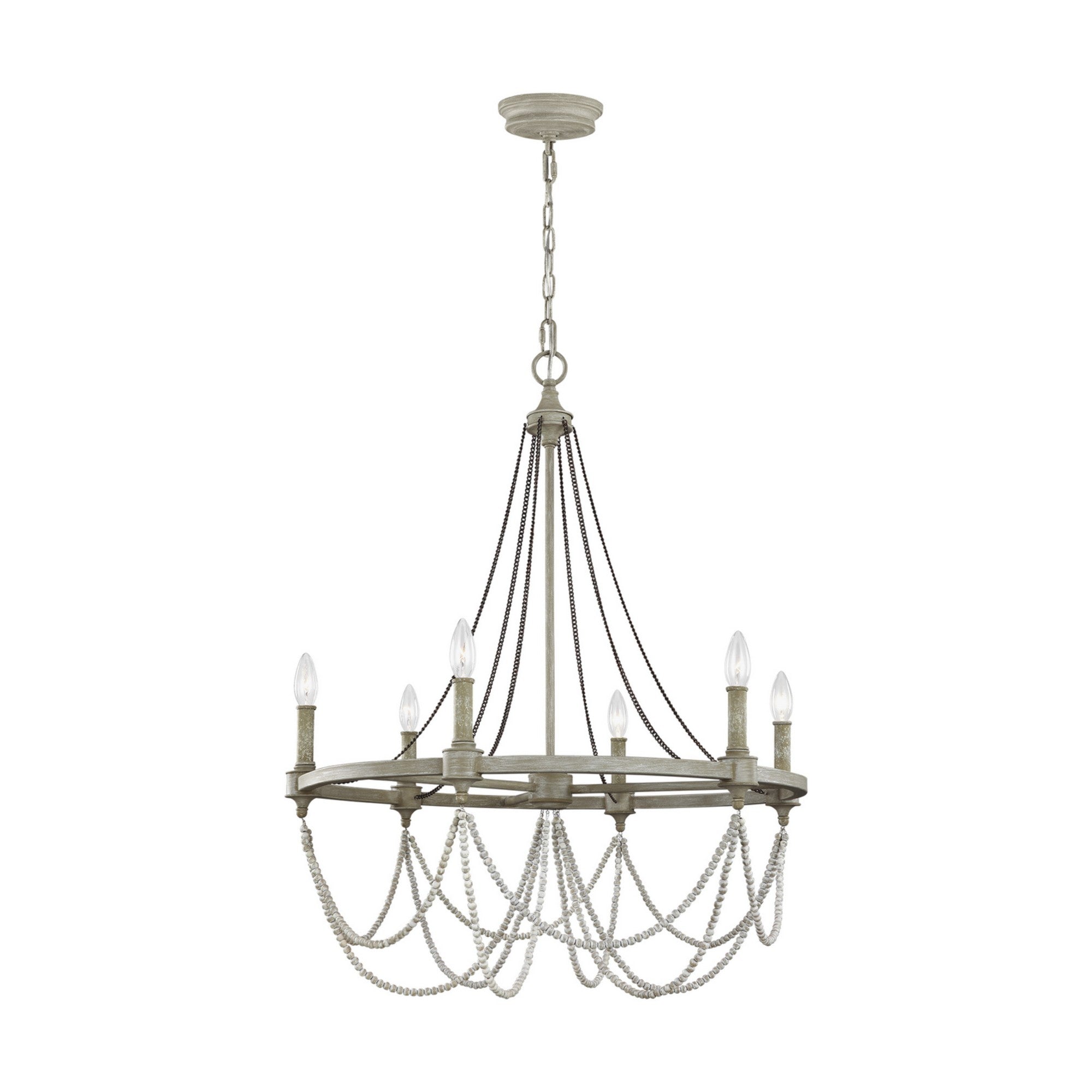 Beverly 36" 6-Light Medium Chandelier, Distressed White Wood Finish - Bees Lighting