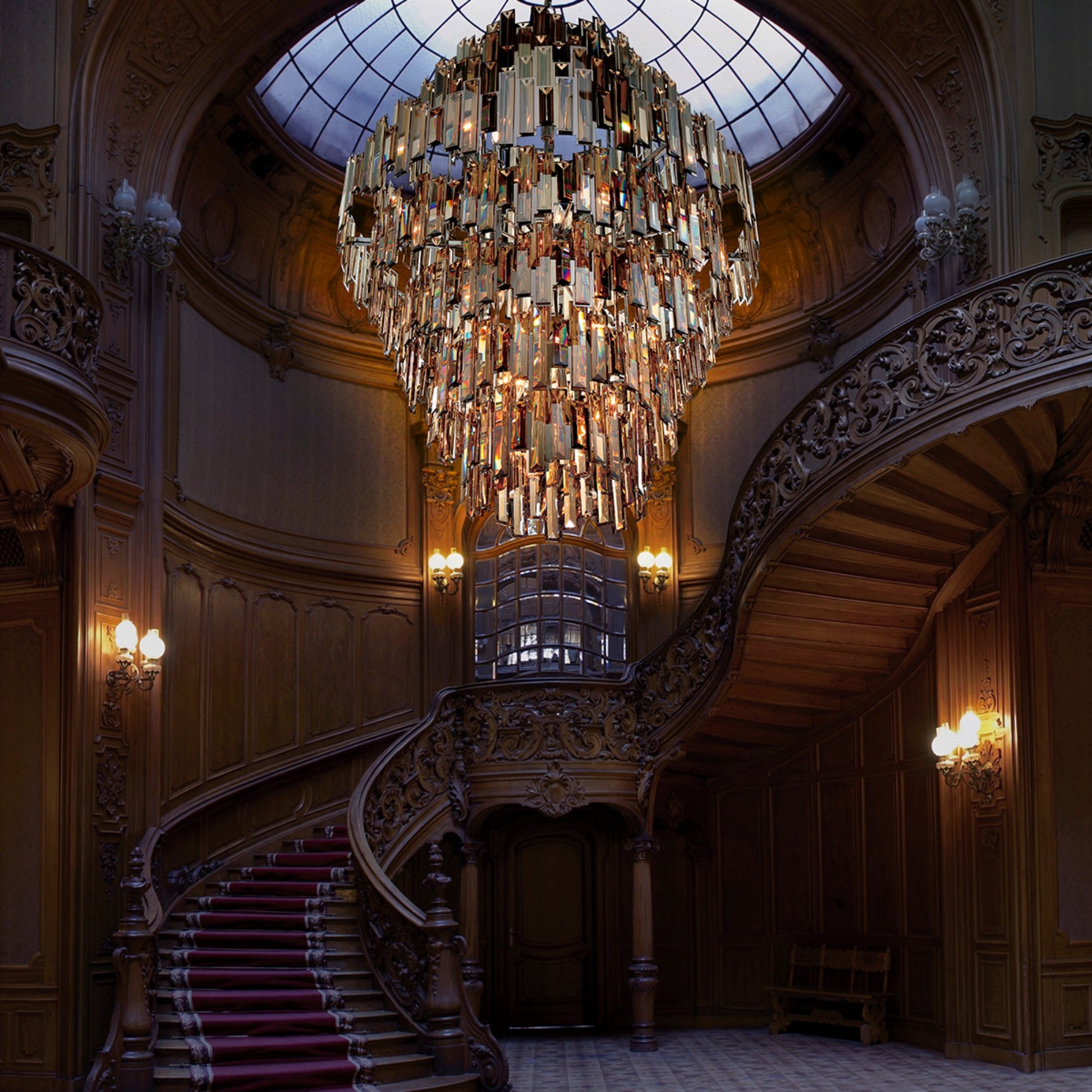 Vienna 28-Light 48" Grand Chandelier, Chrome Finish with Amber Crystals - Bees Lighting