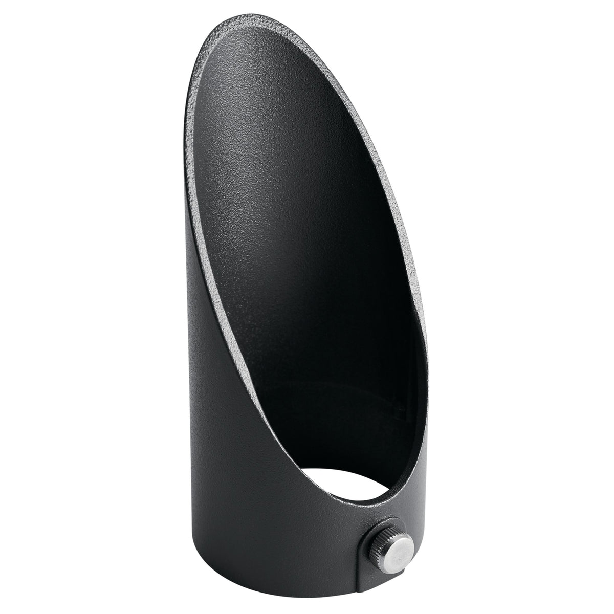 Textured black LED landscape lighting housing with oval opening and small adjustment knob.