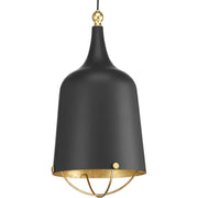 Black 13 in pendant light with bell shade, gold interior, and gold bottom ring
