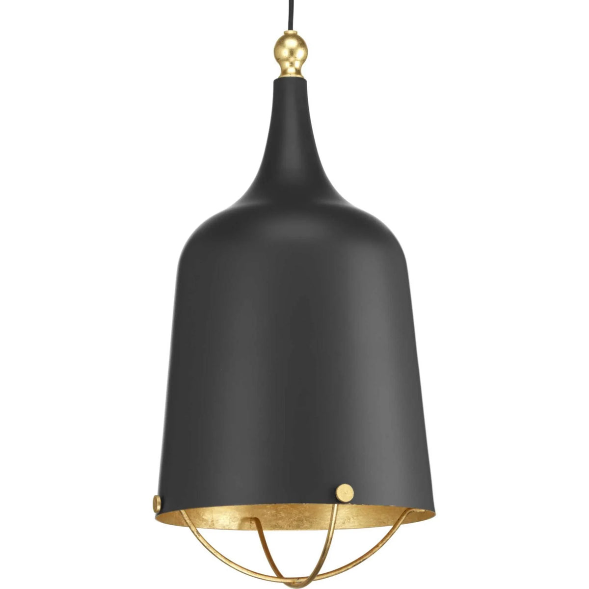 Black 13 in pendant light with bell shade, gold interior, and gold bottom ring