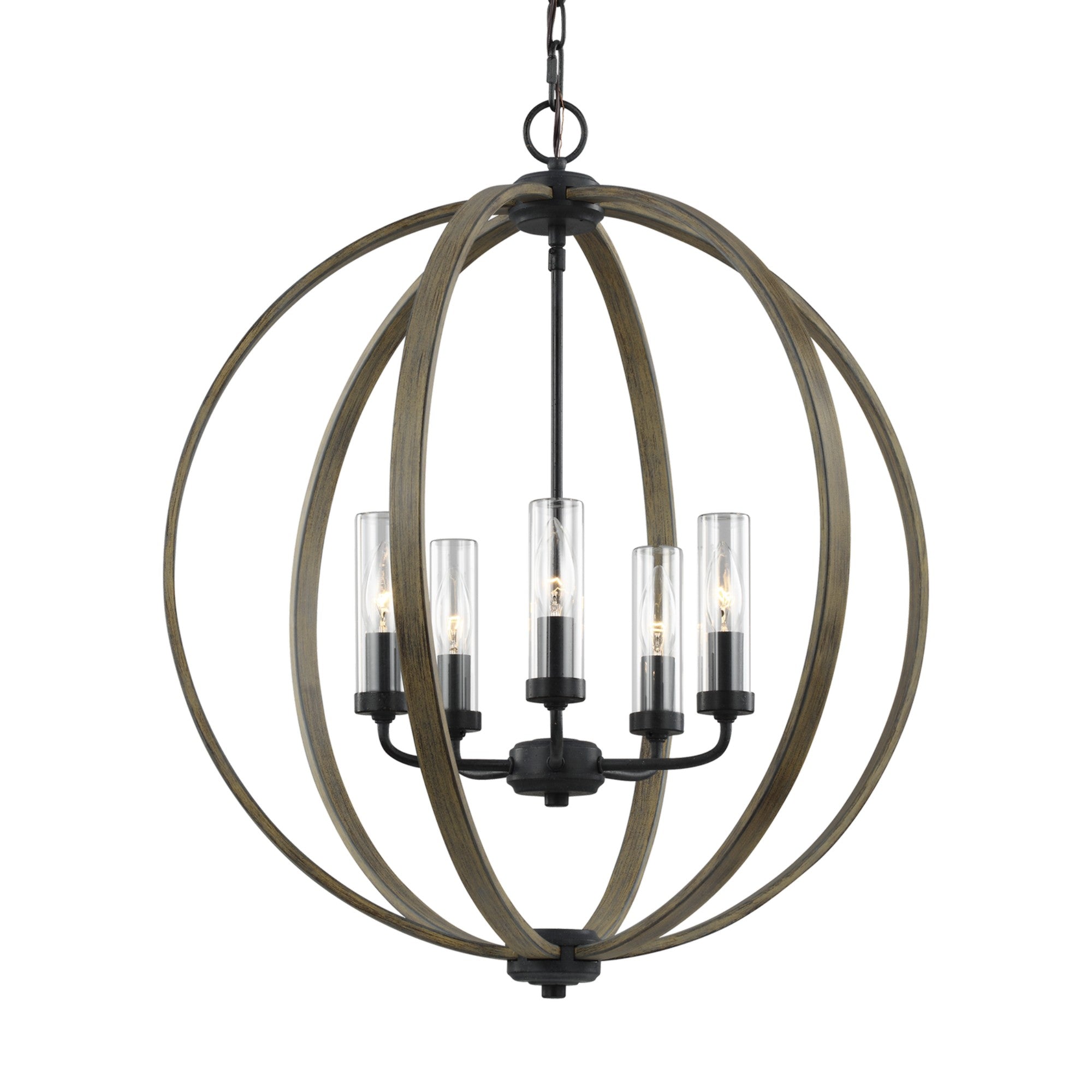Allier 24" 5-Light Outdoor Chandelier, Weathered Oak Wood Finish - Bees Lighting
