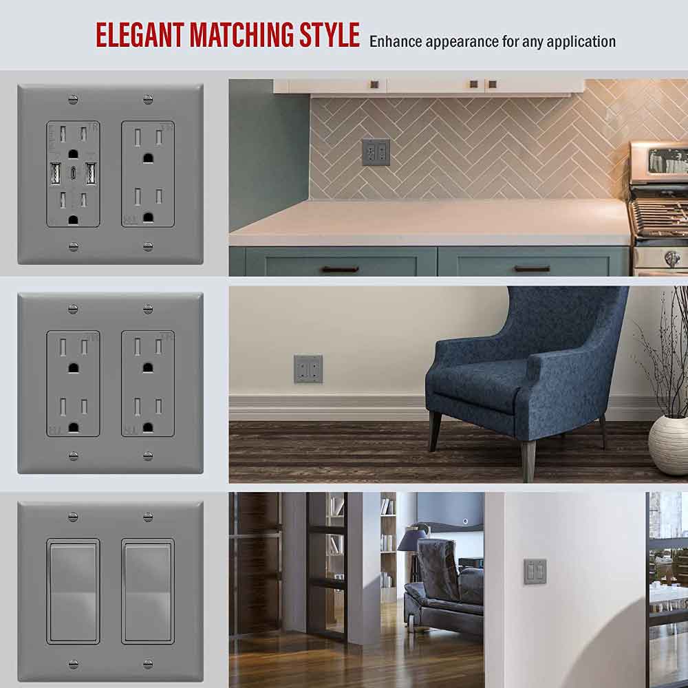2-Gang Decorator Rocker Wall Plate, Gray - Bees Lighting