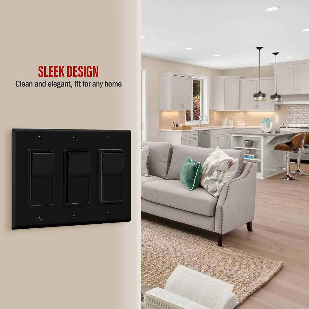 3-Gang Decorator Rocker Wall Plate, Black - Bees Lighting
