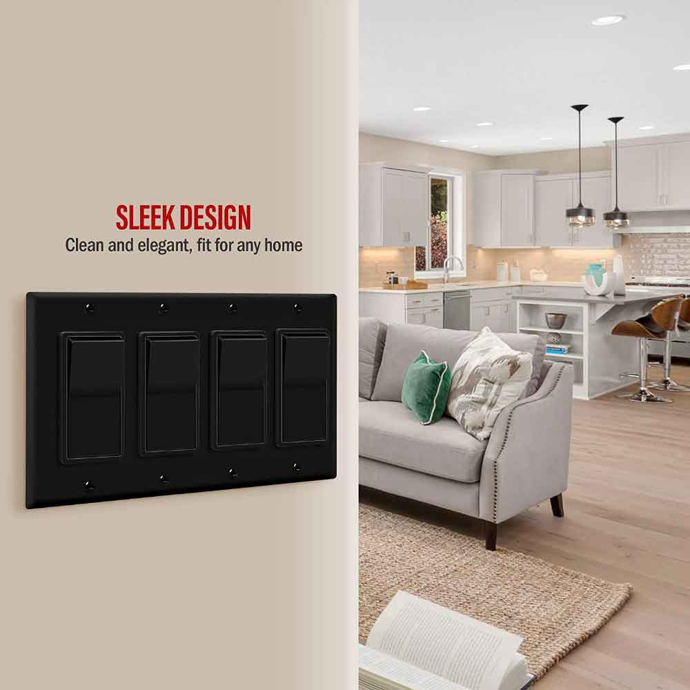 4-Gang Decorator Rocker Wall Plate, Black - Bees Lighting