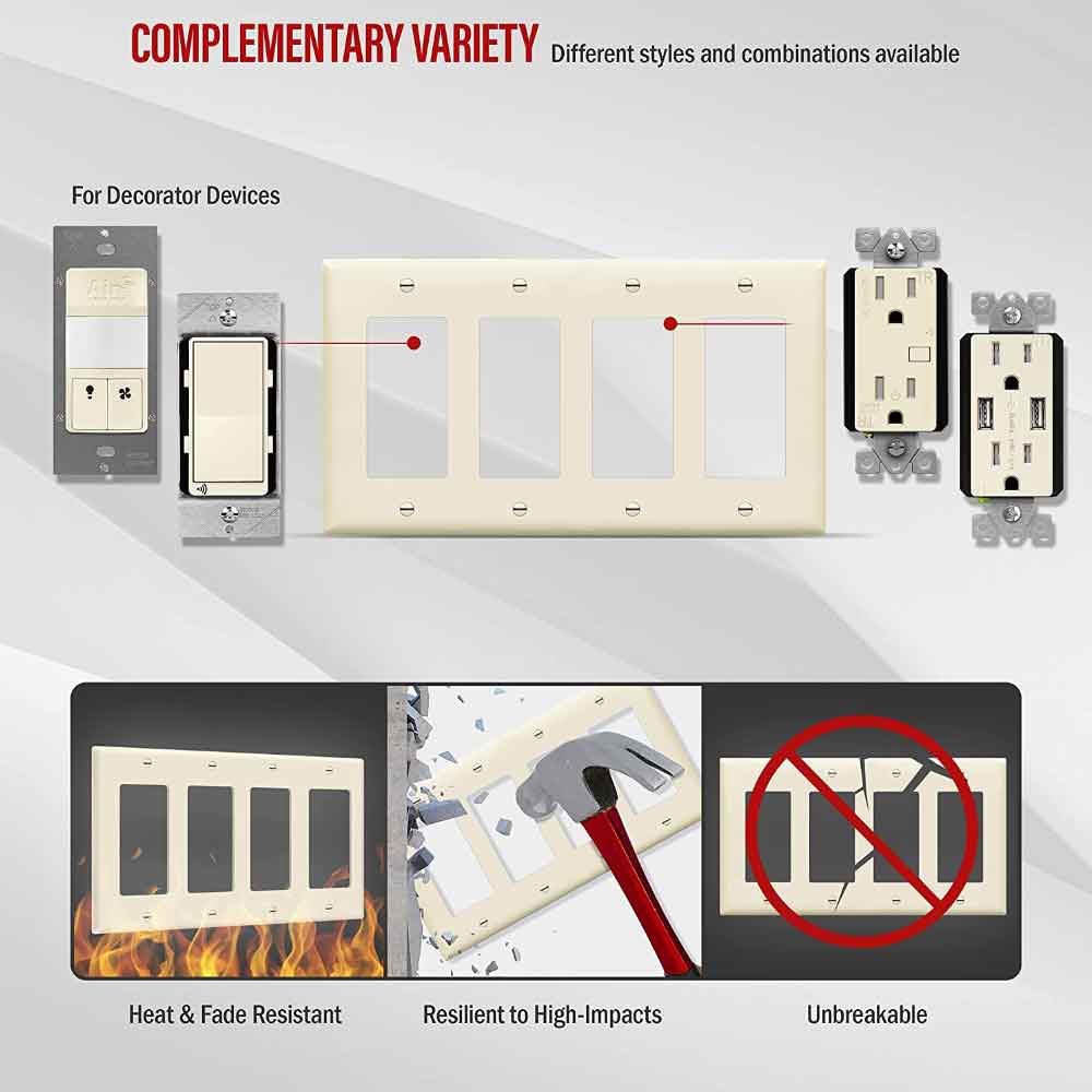 4-Gang Decorator Rocker Wall Plate, Light Almond - Bees Lighting