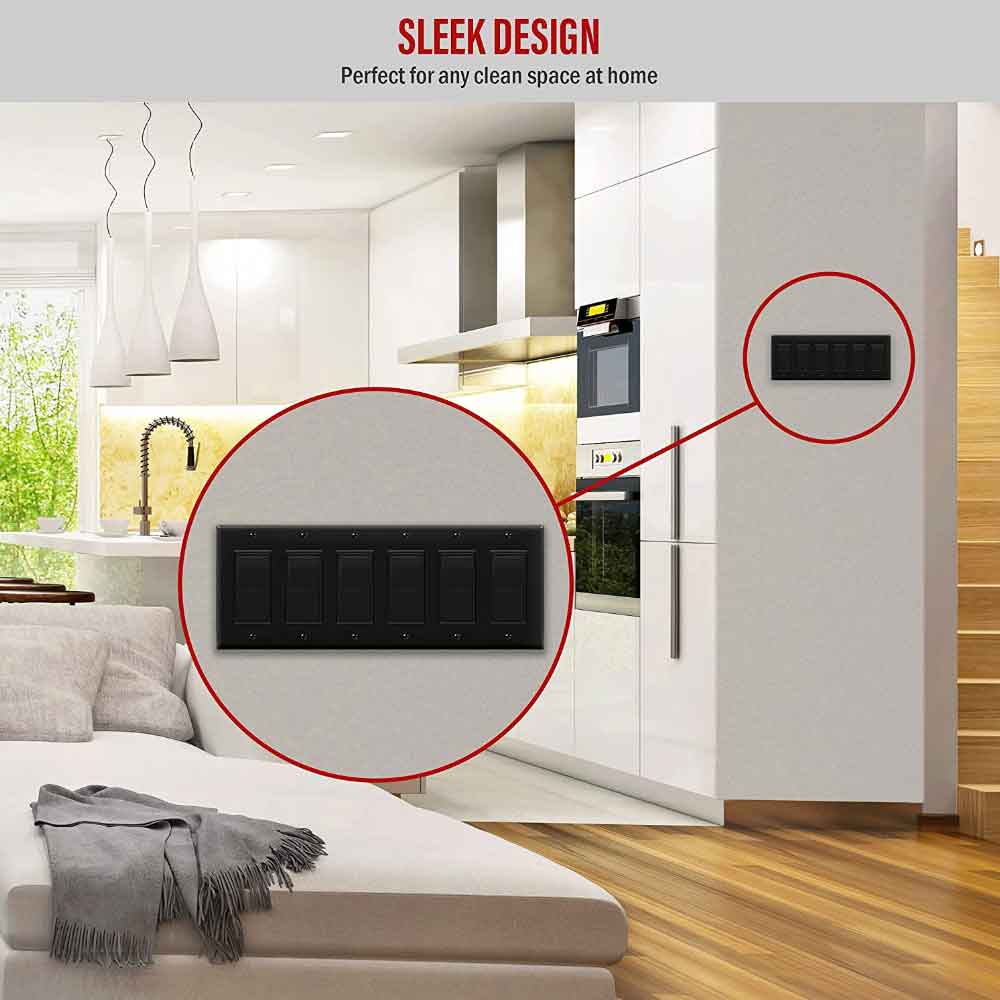 6-Gang Decorator Rocker Wall Plate, Black - Bees Lighting