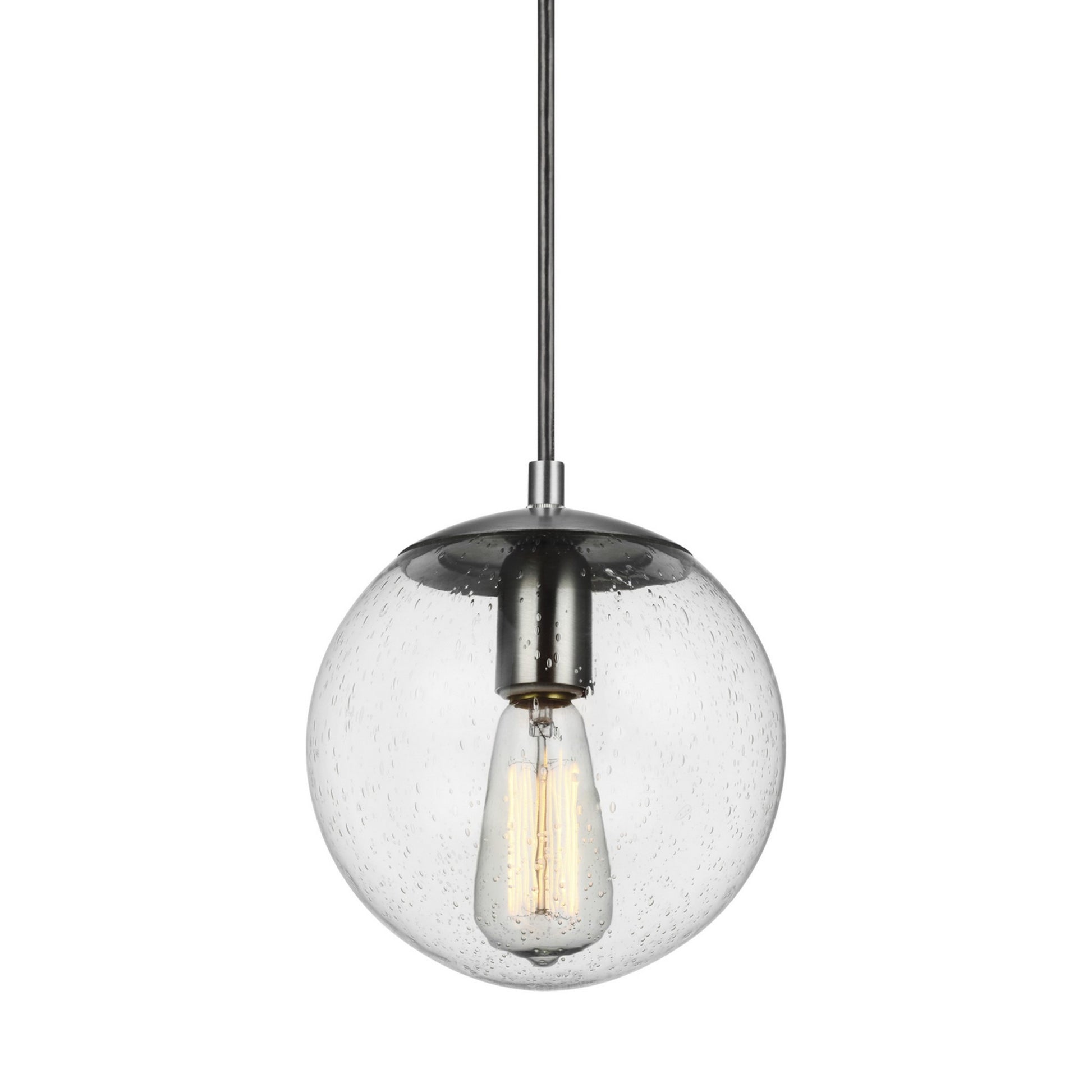 Leo Hanging Globe 8" Small Pendant, Satin Aluminum Finish with Clear Seeded Glass - Bees Lighting