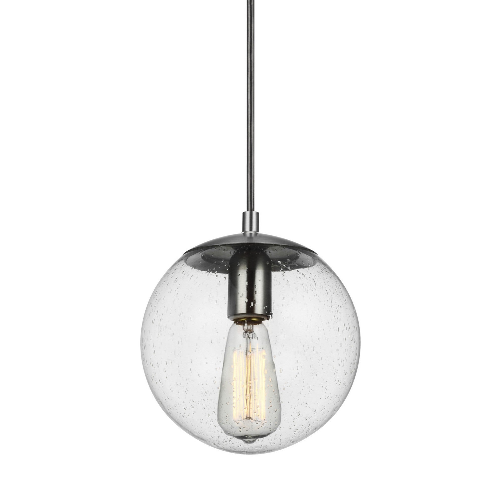 Leo Hanging Globe 8" Small Pendant, Satin Aluminum Finish with Clear Seeded Glass - Bees Lighting