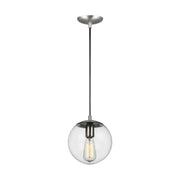 Leo Hanging Globe 8" Small Pendant, Satin Aluminum Finish with Clear Seeded Glass - Bees Lighting