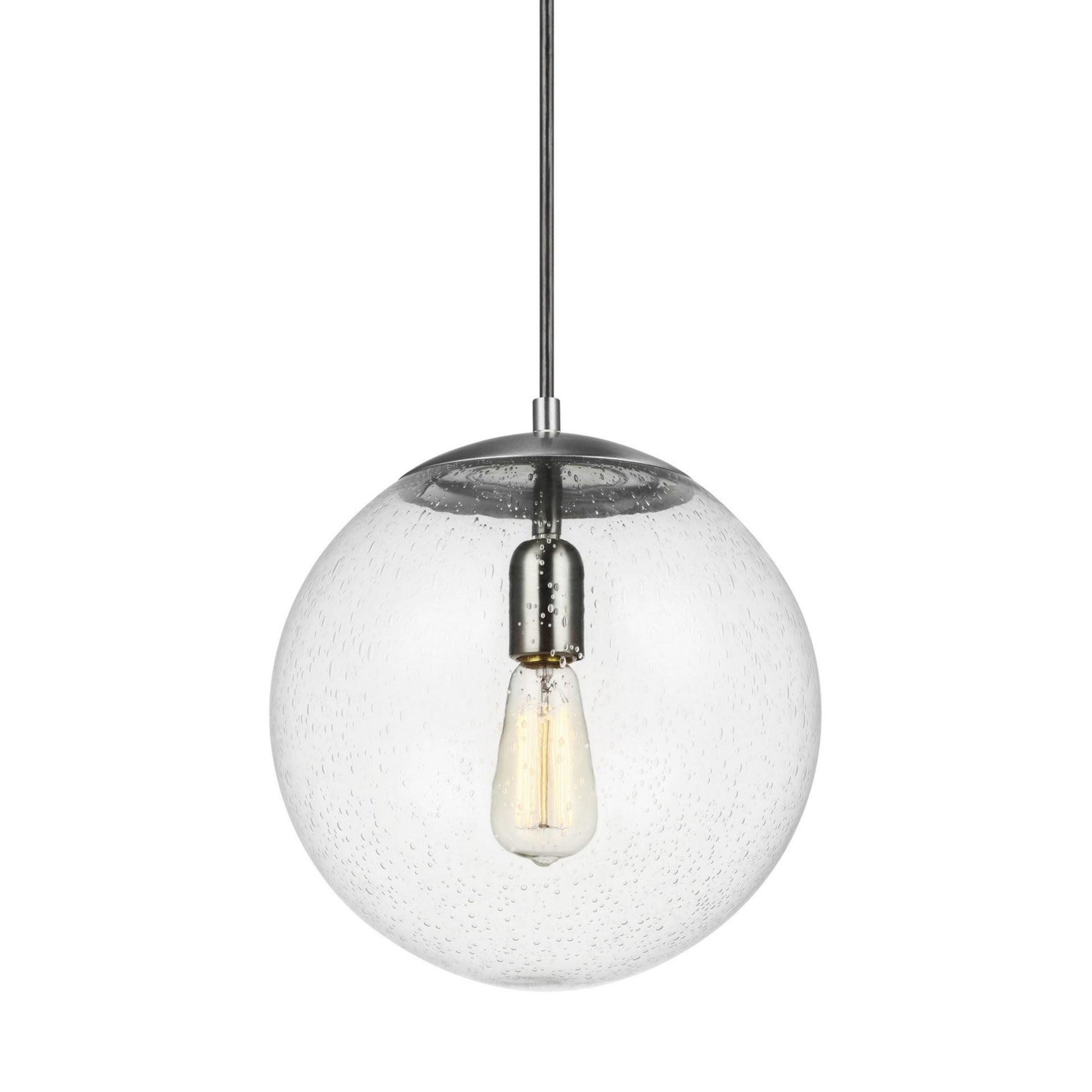 Leo Hanging Globe 12" Large Pendant, Satin Aluminum Finish with Clear Seeded Glass - Bees Lighting