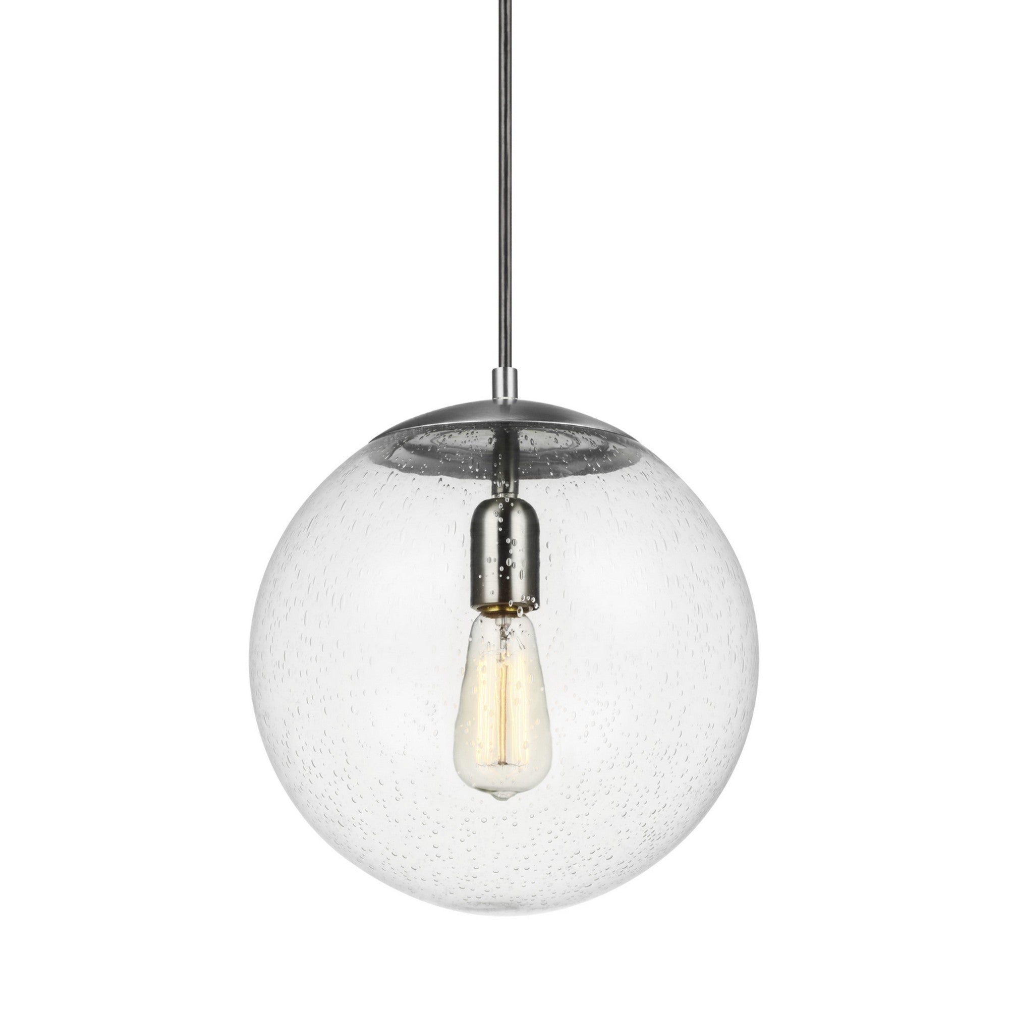 Leo Hanging Globe 12" Large Pendant, Satin Aluminum Finish with Clear Seeded Glass - Bees Lighting