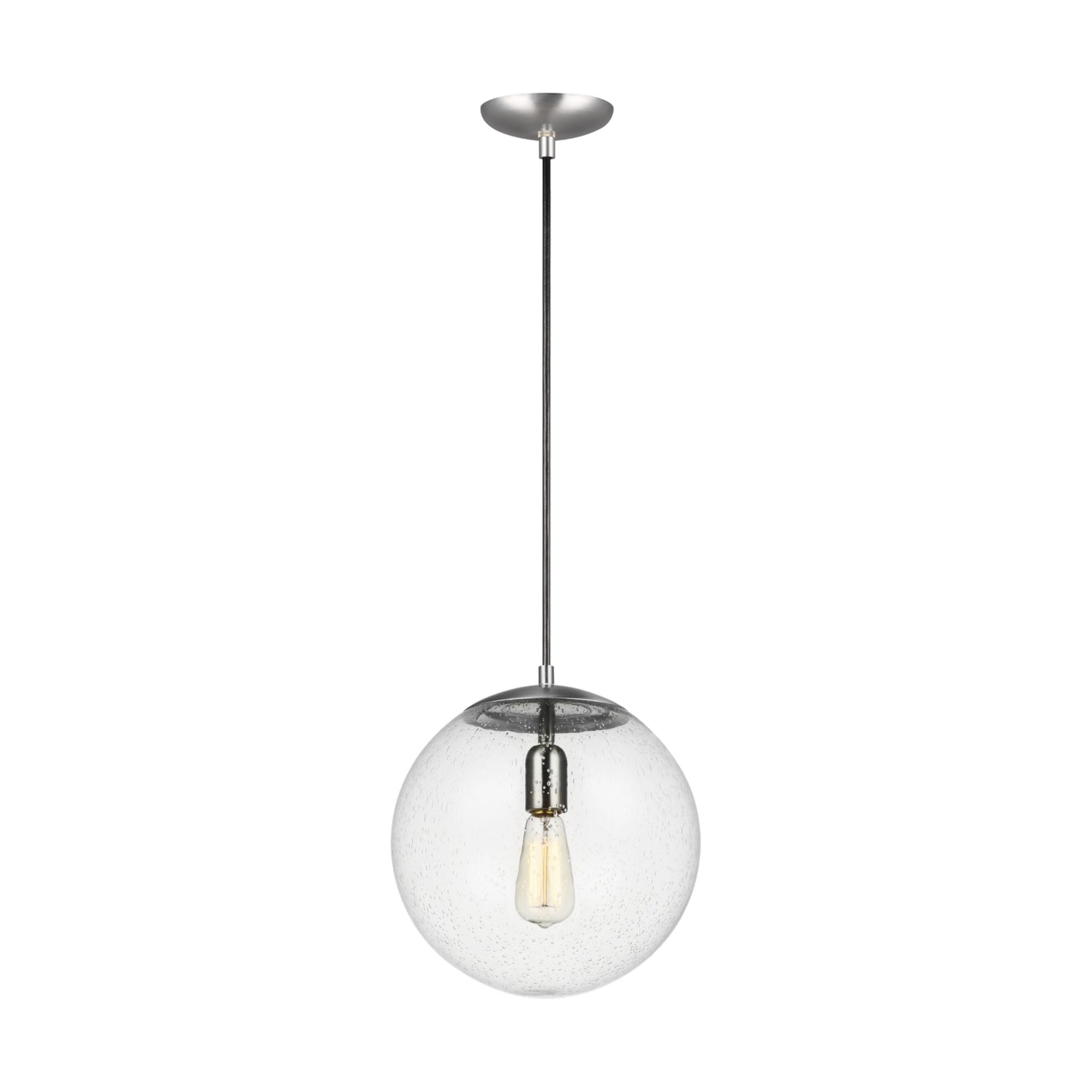 Leo Hanging Globe 12" Large Pendant, Satin Aluminum Finish with Clear Seeded Glass - Bees Lighting