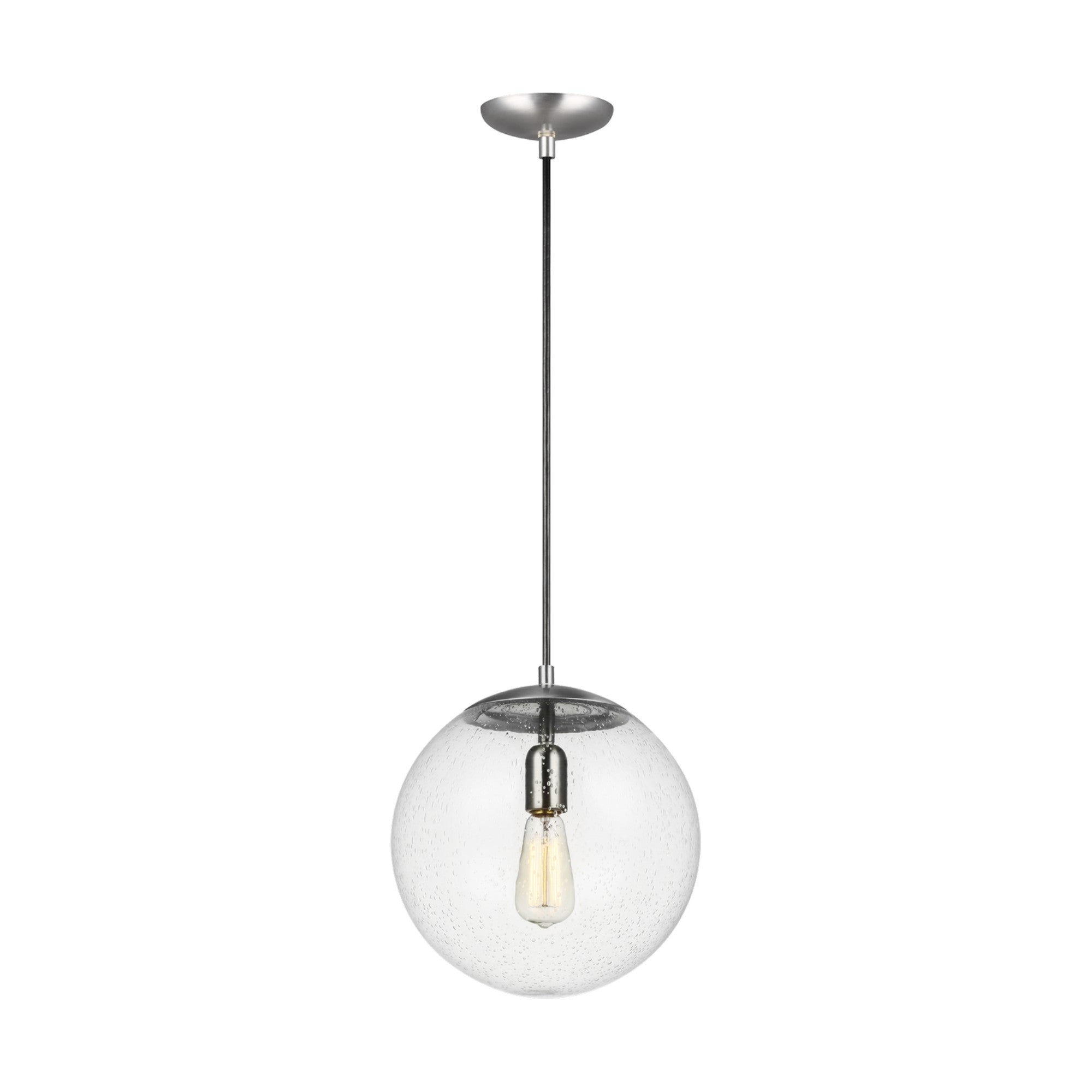 Leo Hanging Globe 12" Large Pendant, Satin Aluminum Finish with Clear Seeded Glass - Bees Lighting