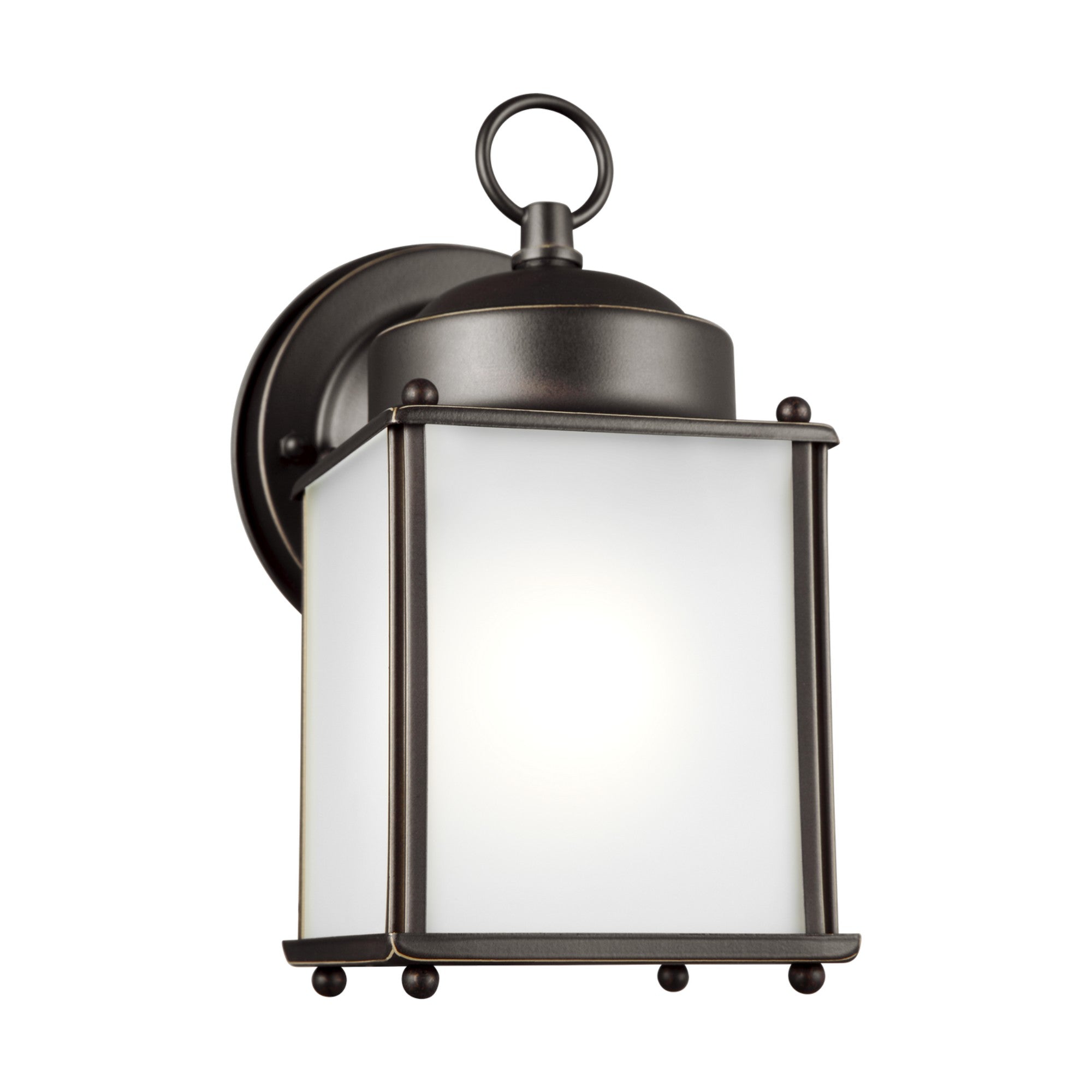 New Castle 8" Small Outdoor Wall Lantern, Antique Bronze Finish with Satin Etched Glass - Bees Lighting