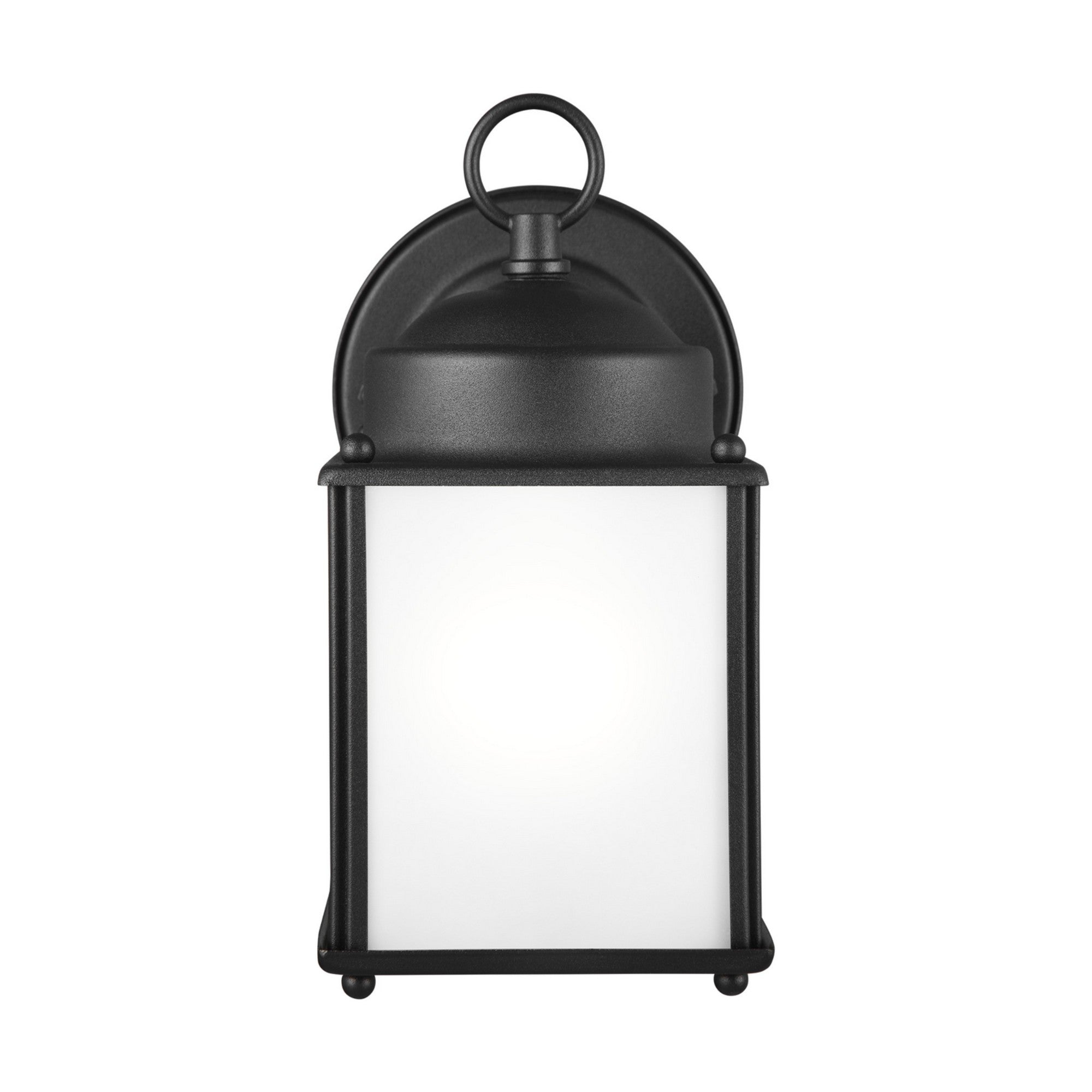 New Castle 8" LED Small Outdoor Wall Lantern, Black Finish with Satin Etched Glass - Bees Lighting