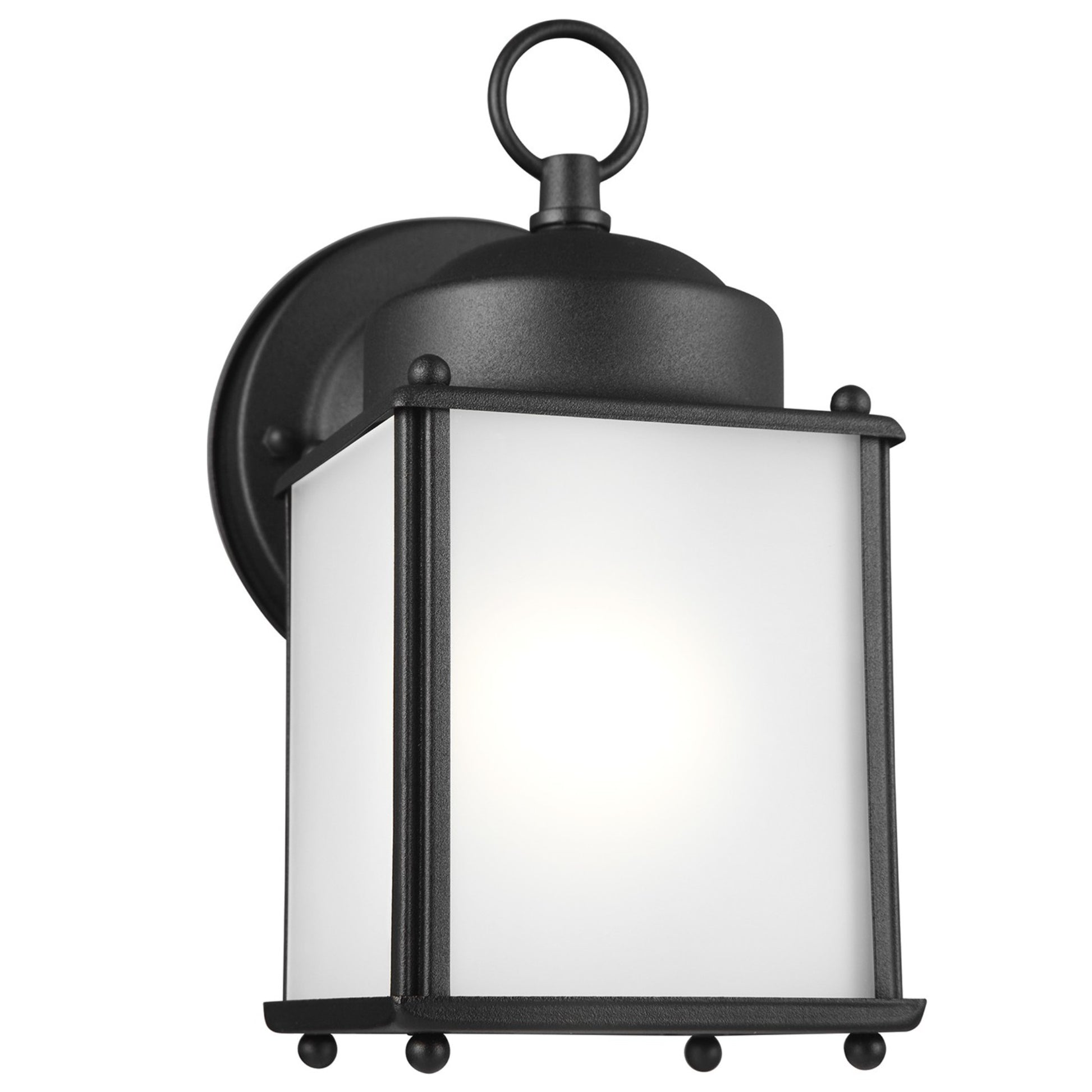 New Castle 8" LED Small Outdoor Wall Lantern, Black Finish with Satin Etched Glass - Bees Lighting