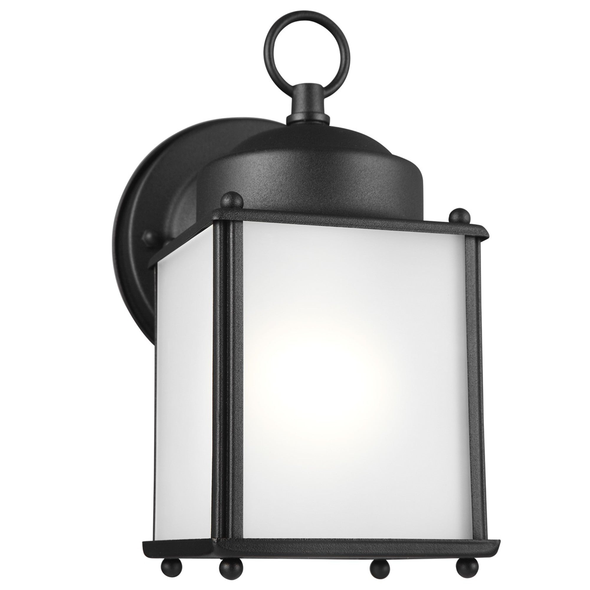 New Castle 8" LED Small Outdoor Wall Lantern, Black Finish with Satin Etched Glass - Bees Lighting