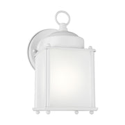 New Castle 8" LED Small Outdoor Wall Lantern, White Finish with Satin Etched Glass - Bees Lighting