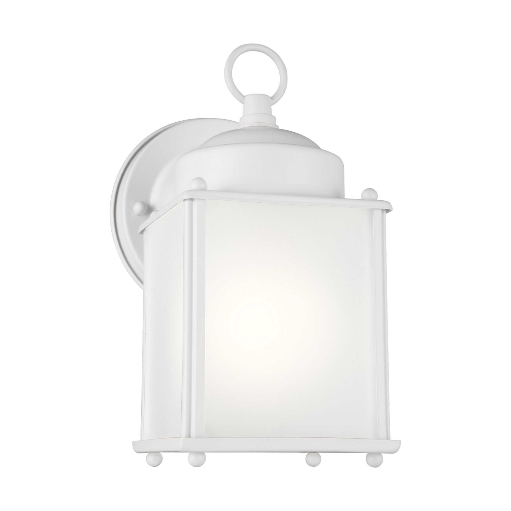 New Castle 8" LED Small Outdoor Wall Lantern, White Finish with Satin Etched Glass - Bees Lighting