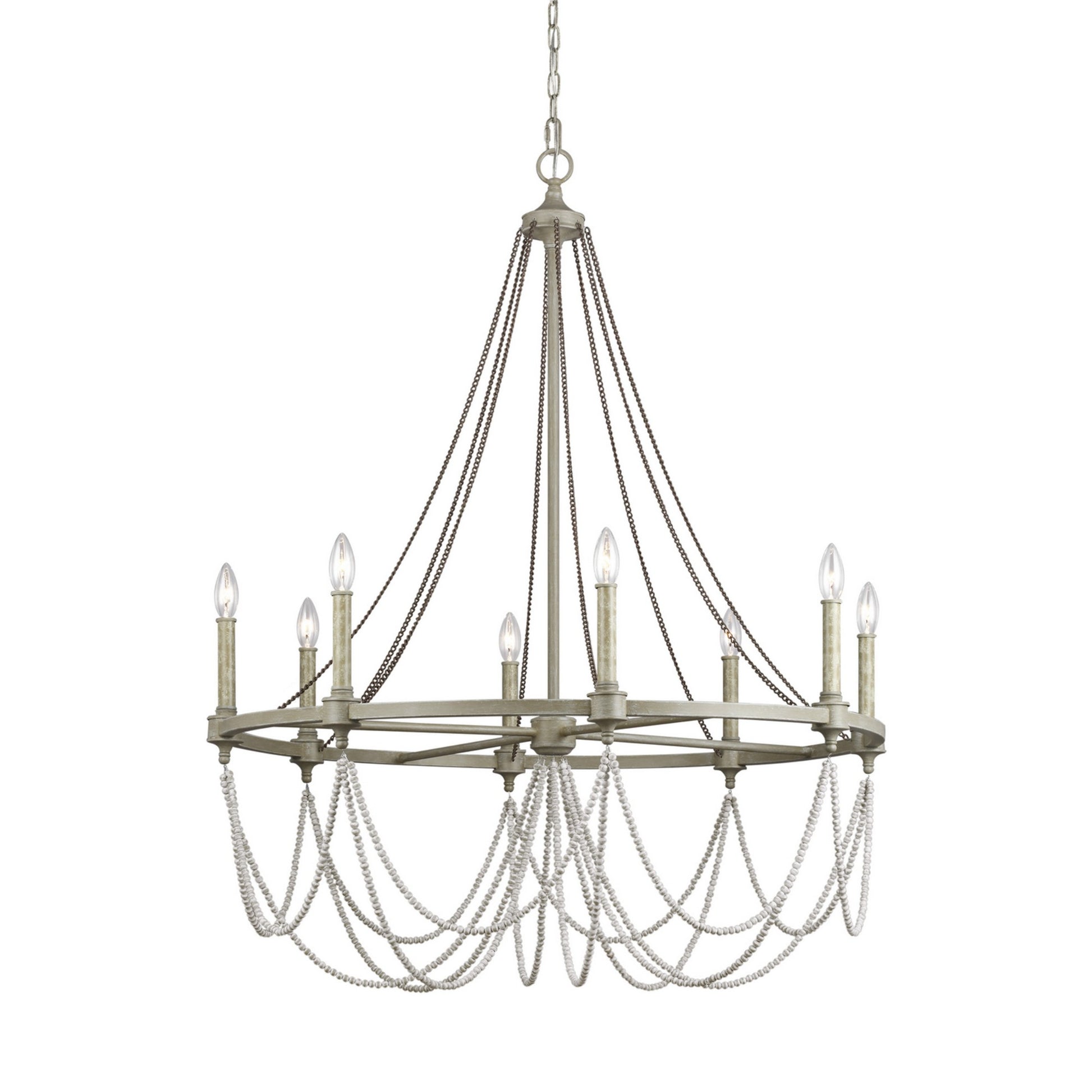 Beverly 45" 8-Light Large Chandelier, Distressed White Wood Finish - Bees Lighting