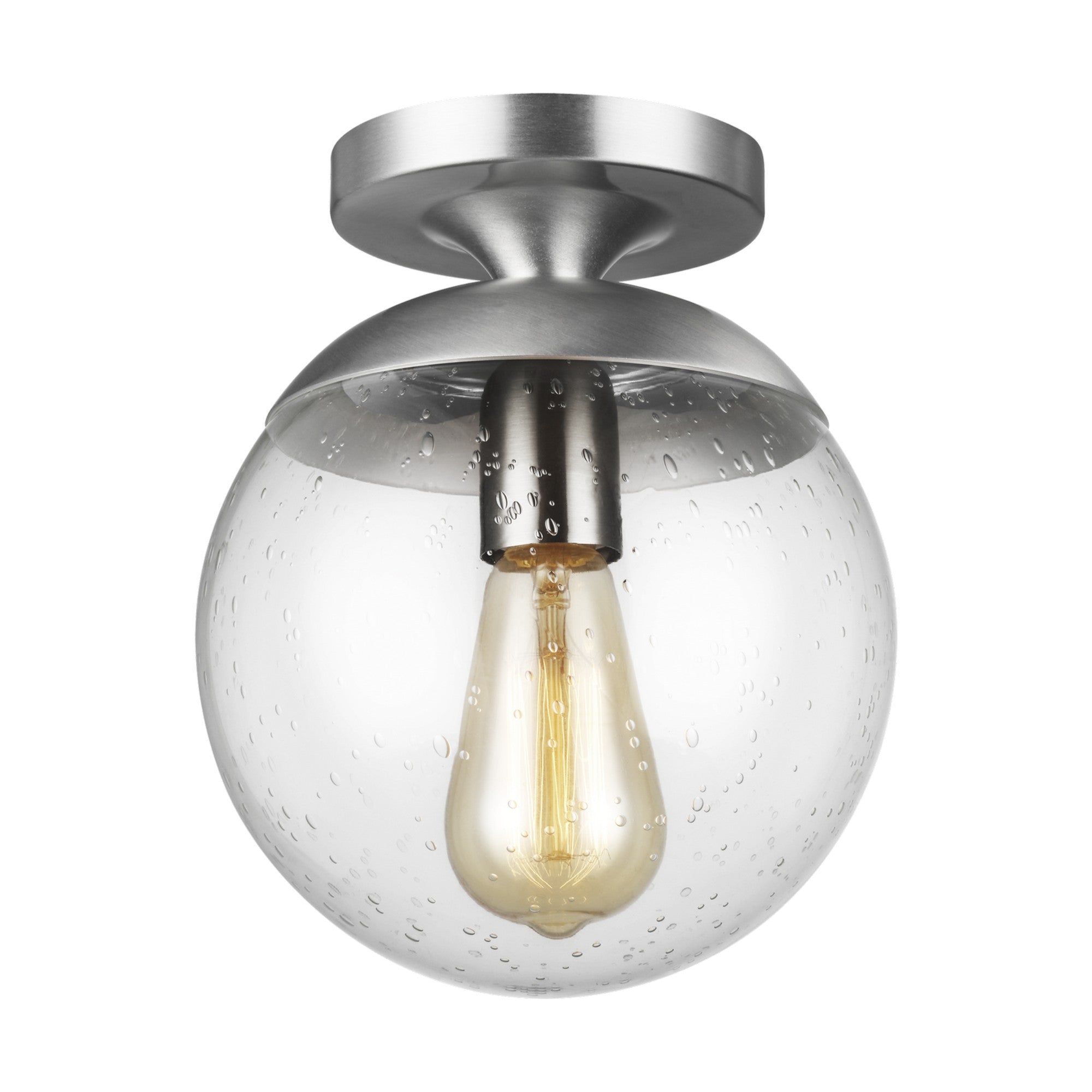 Leo Hanging Globe 10" Wall/Ceiling Semi-Flush Mount, Satin Aluminum Finish with Clear Seeded Glass - Bees Lighting