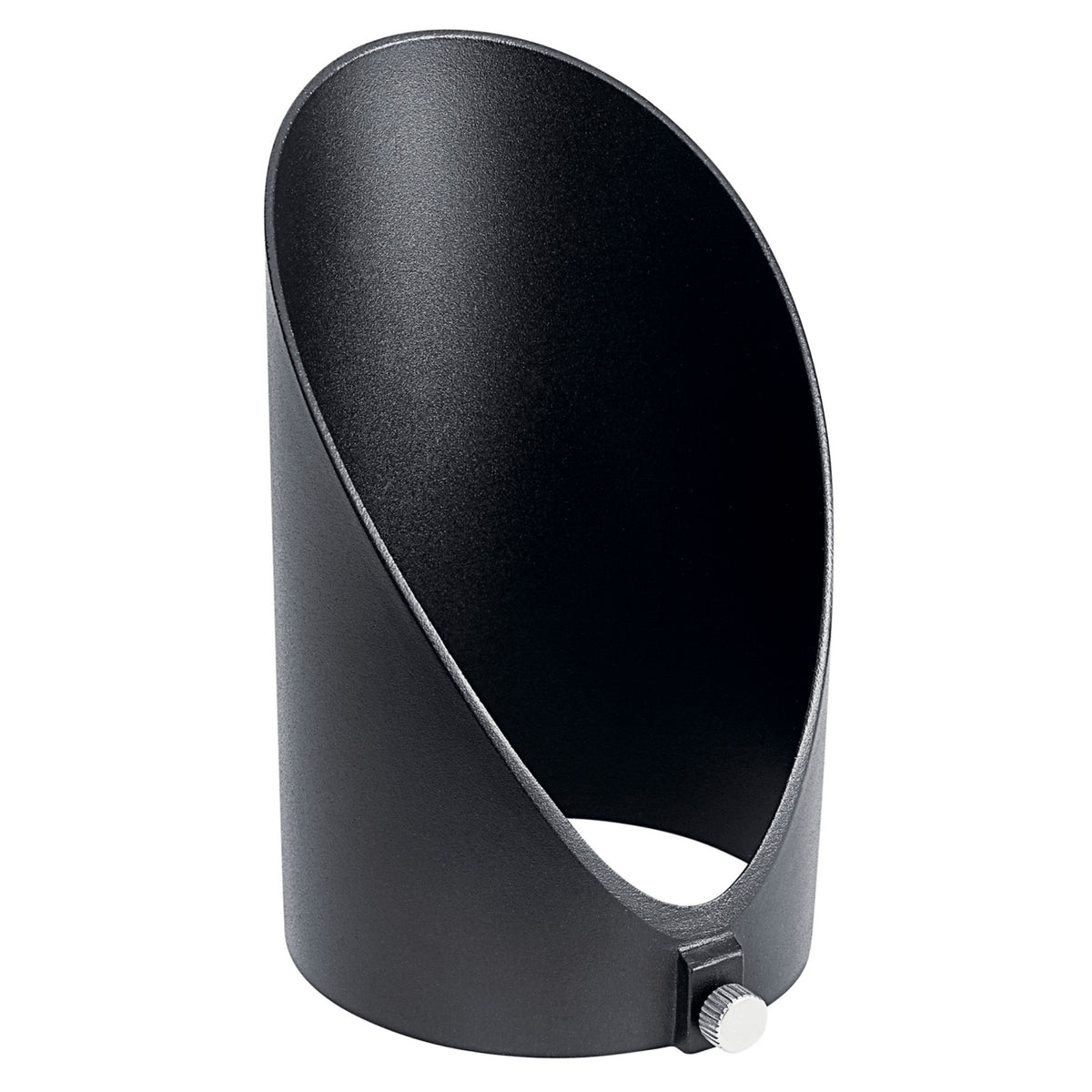 Textured black LED landscape lighting component with angled cylindrical housing and small knob