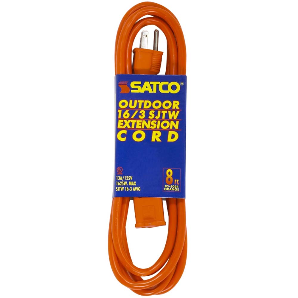8 ft. Outdoor Heavy Duty Extension Cord 16/3 Gauge SJTW Orange - Bees Lighting