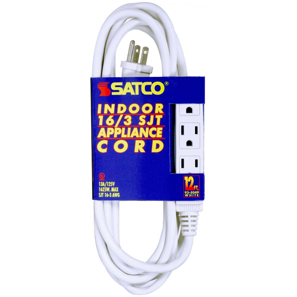 12 ft. Extension Cord 16/3 Gauge SJT, 3 Outlets, White - Bees Lighting