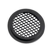Black round lighting grille with hexagonal mesh pattern