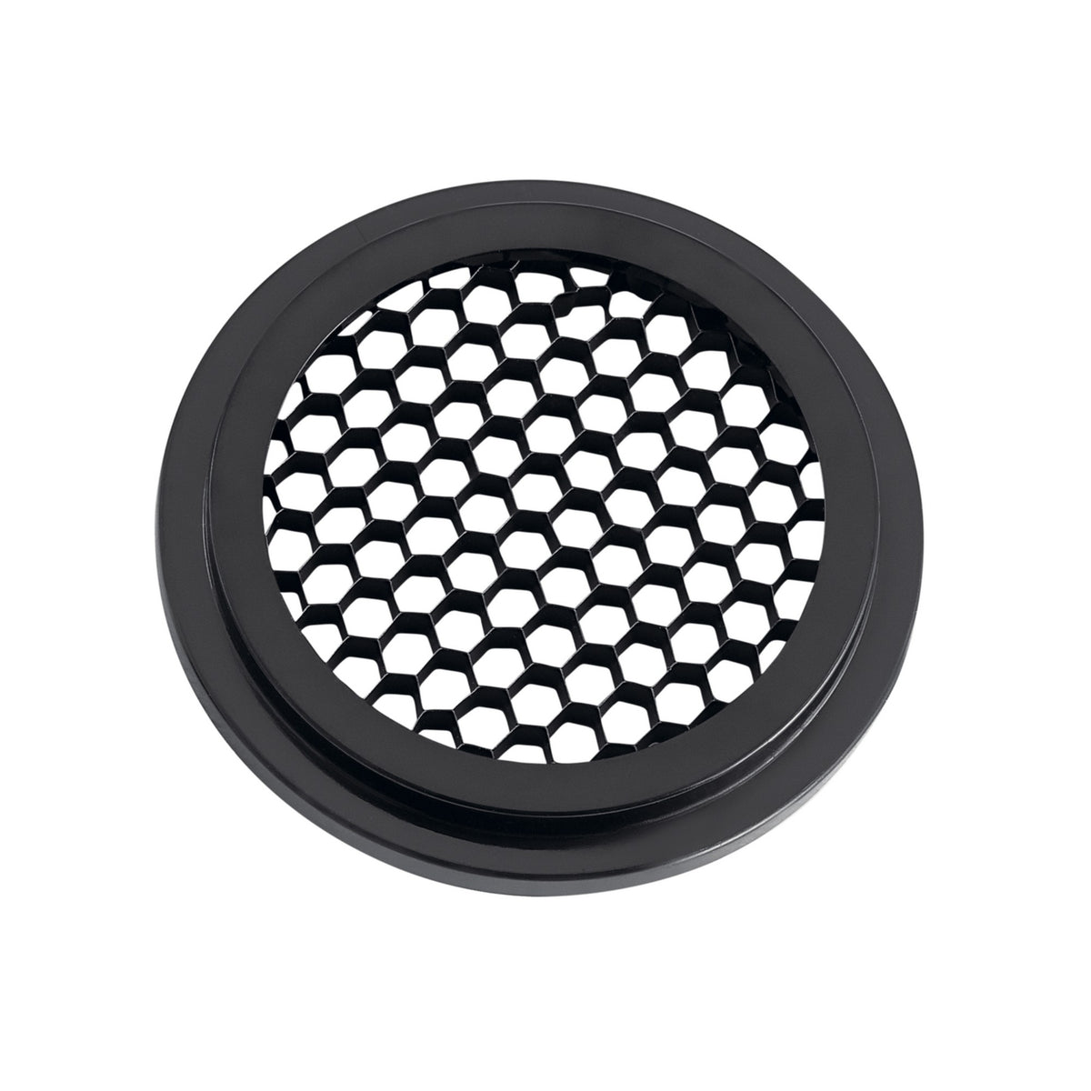 Black round lighting grille with hexagonal mesh pattern