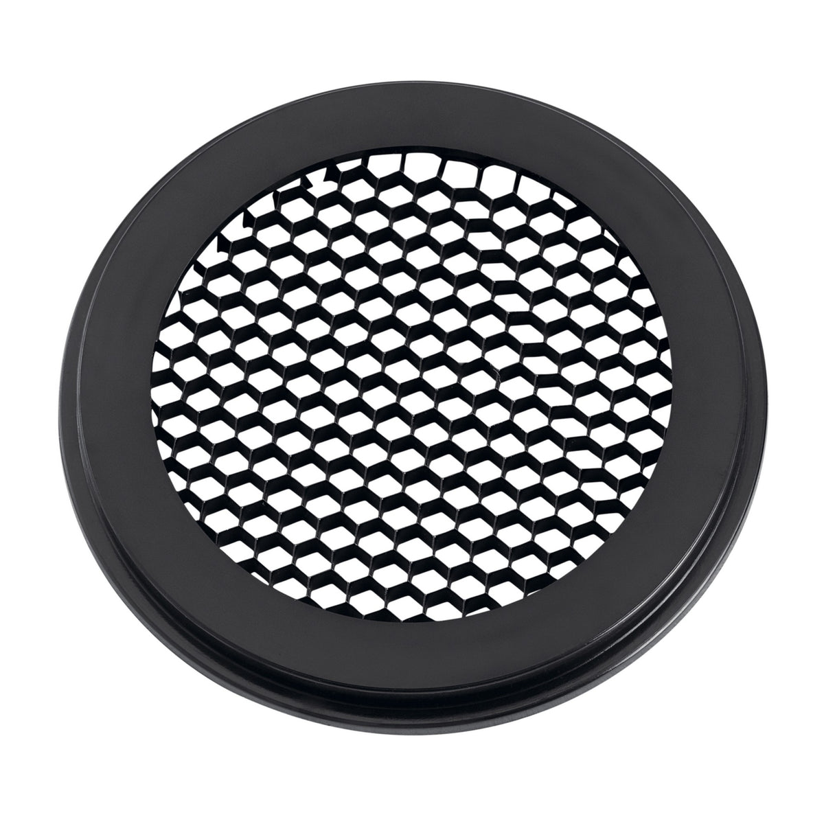 Black round lighting grille with hexagonal mesh pattern