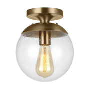 Leo Hanging Globe 10" Wall/Ceiling Semi-Flush Mount, Satin Brass Finish with Clear Seeded Glass - Bees Lighting