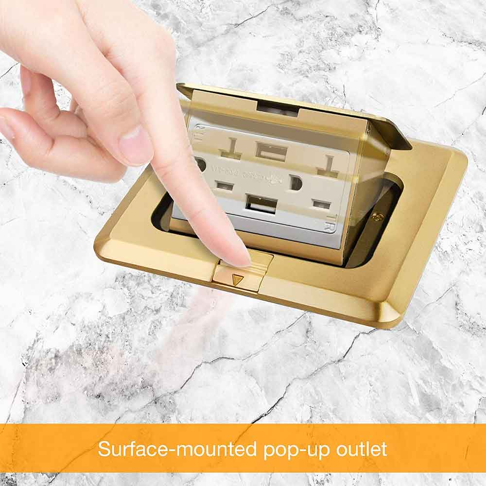 Square Pop-Up Floor Outlet Box, 20 Amp Duplex Receptacle with 2.1A USB Charger, Brass - Bees Lighting