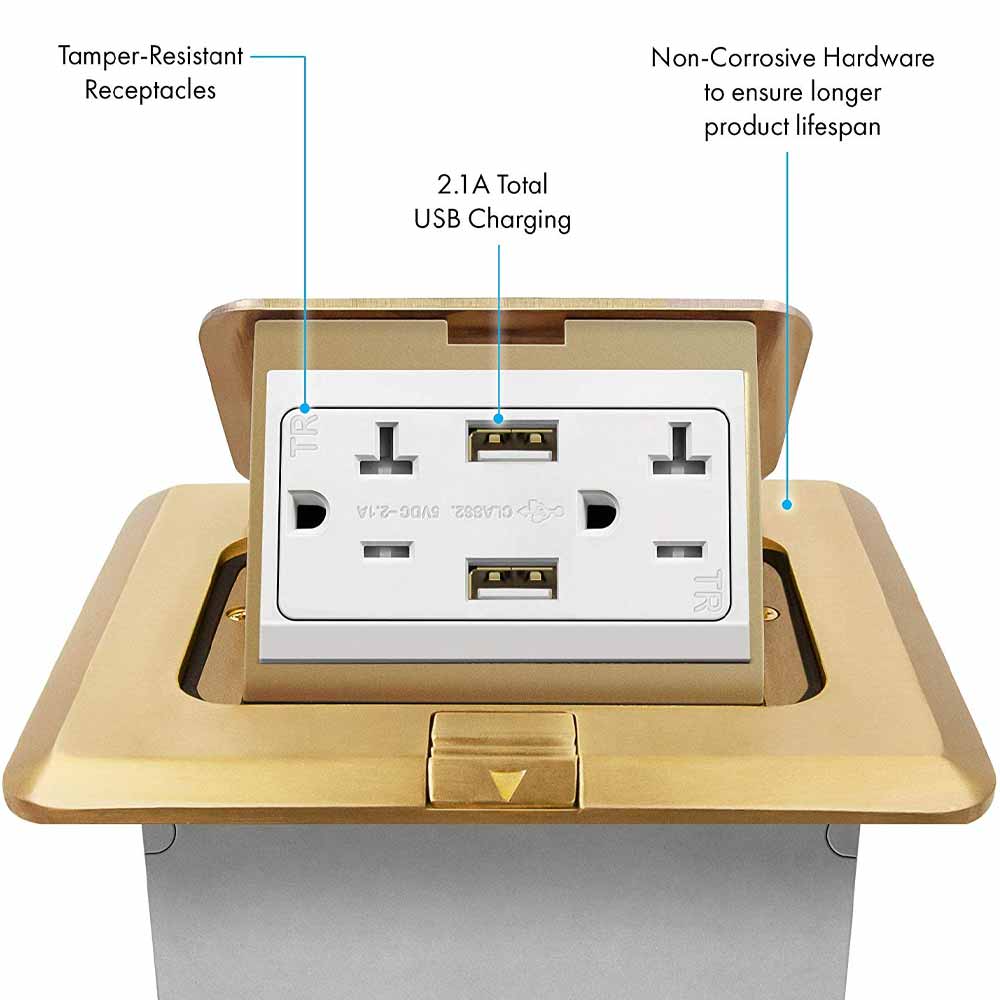 Square Pop-Up Floor Outlet Box, 20 Amp Duplex Receptacle with 2.1A USB Charger, Brass - Bees Lighting