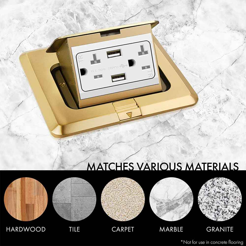 Square Pop-Up Floor Outlet Box, 20 Amp Duplex Receptacle with 2.1A USB Charger, Brass - Bees Lighting