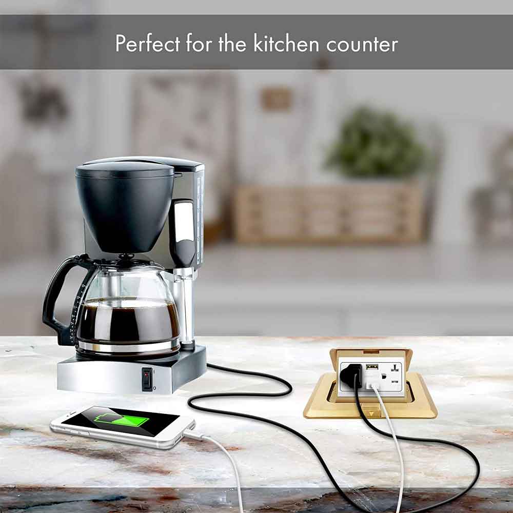 Square Pop-Up Floor Outlet Box, 20 Amp Duplex Receptacle with 2.1A USB Charger, Brass - Bees Lighting