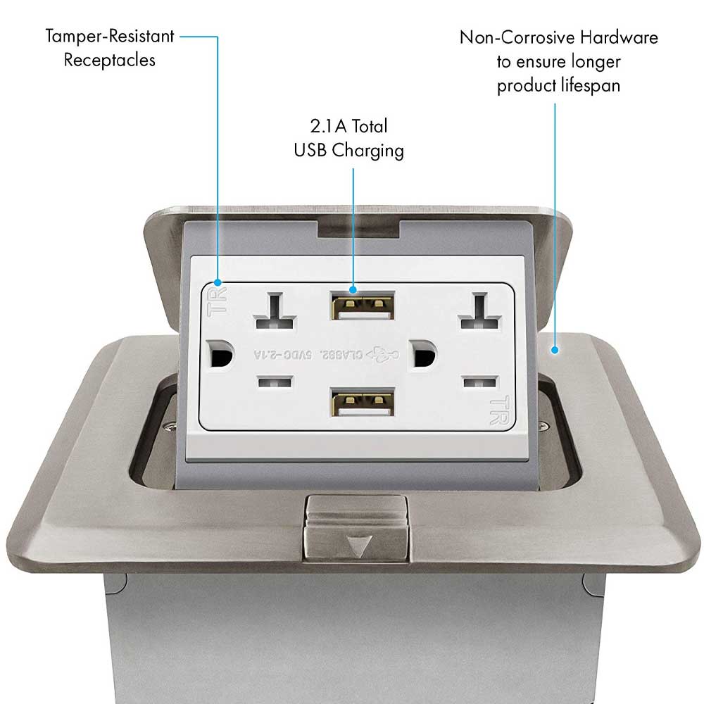 Square Floor Outlet Box 20 Amp Duplex Outlet with USB-A Outlet