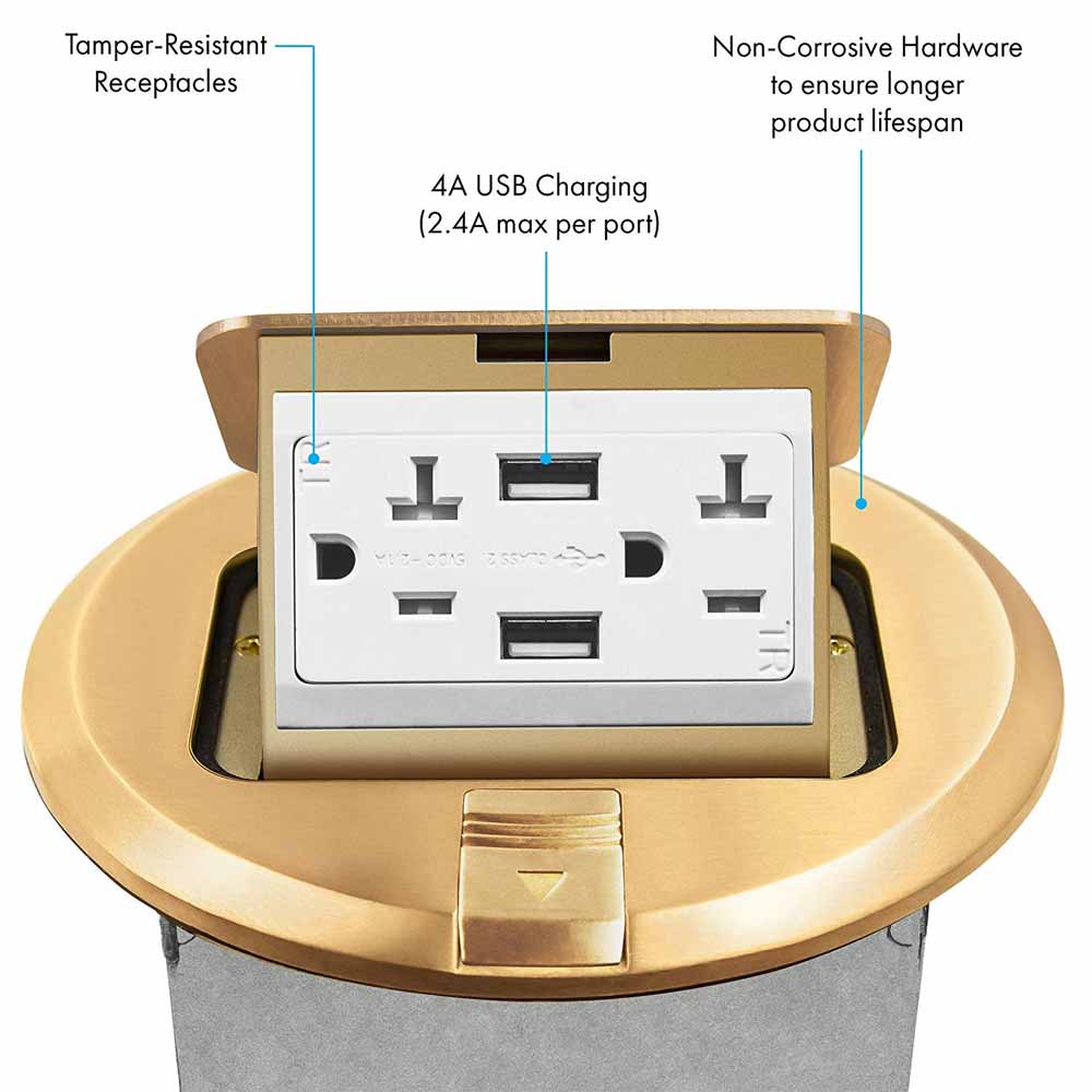 Round Pop-Up Floor Outlet Box, 20 Amp Duplex Receptacle with 2.1A USB Charger, Brass - Bees Lighting