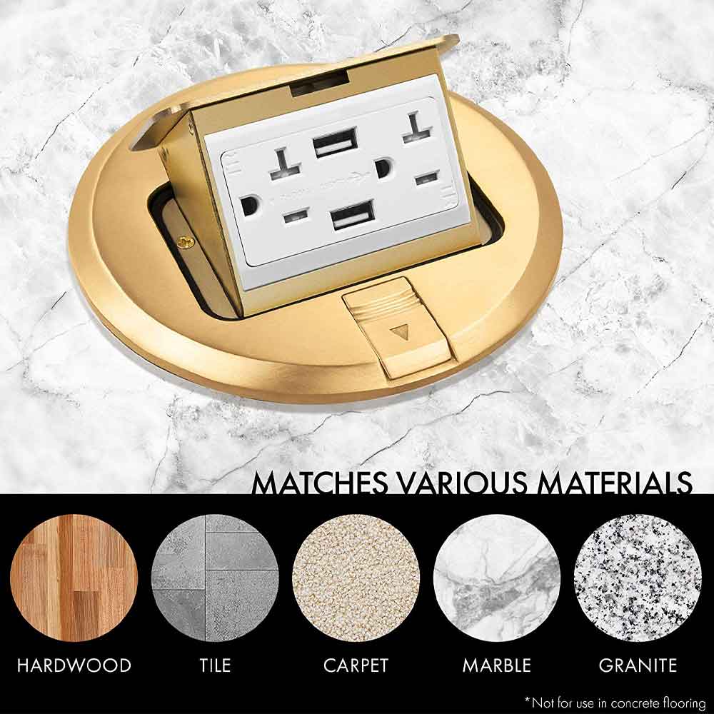 Round Pop-Up Floor Outlet Box, 20 Amp Duplex Receptacle with 2.1A USB Charger, Brass - Bees Lighting