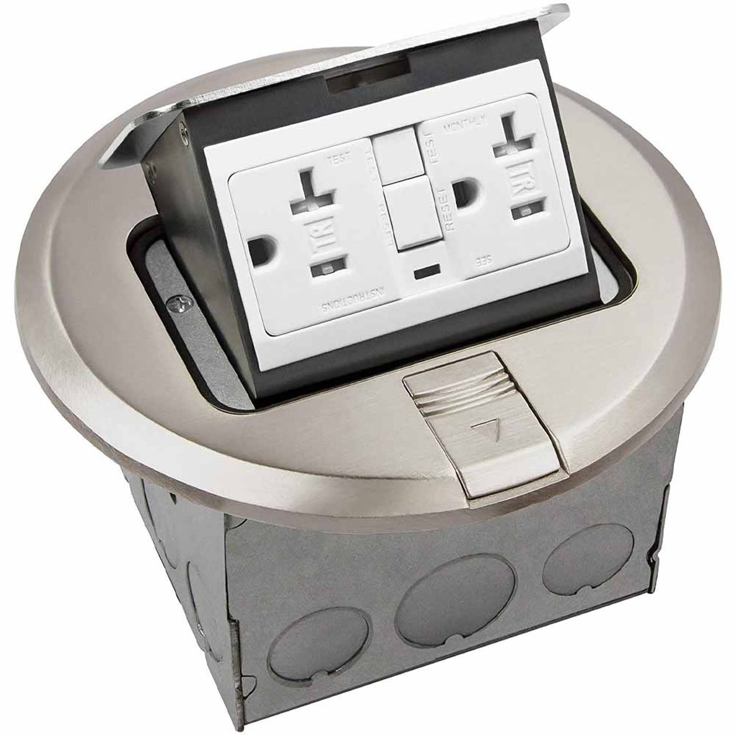 Round Pop-Up Floor Box with 20 Amp GFCI Receptacle, Nickel - Bees Lighting