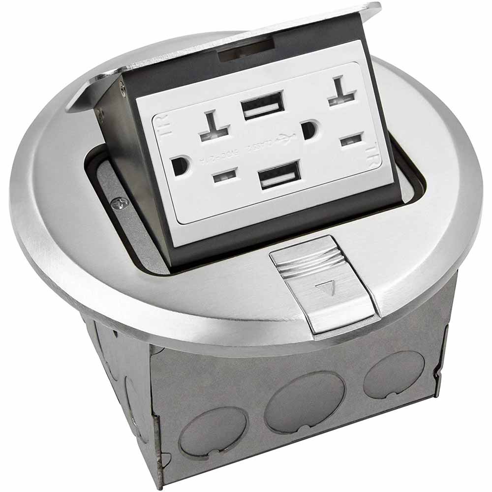 Round Floor Outlet Box 20 Amp Duplex Outlet with USB-A Outlet