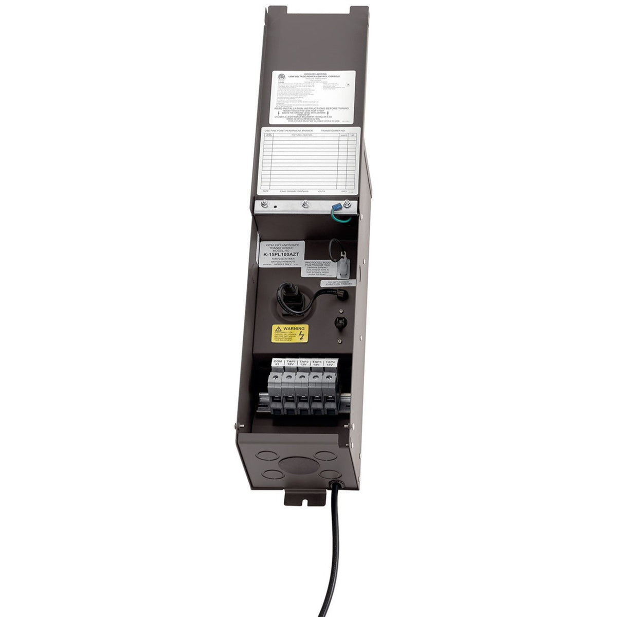 Textured architectural bronze light transformer with terminal panel and wiring connectors