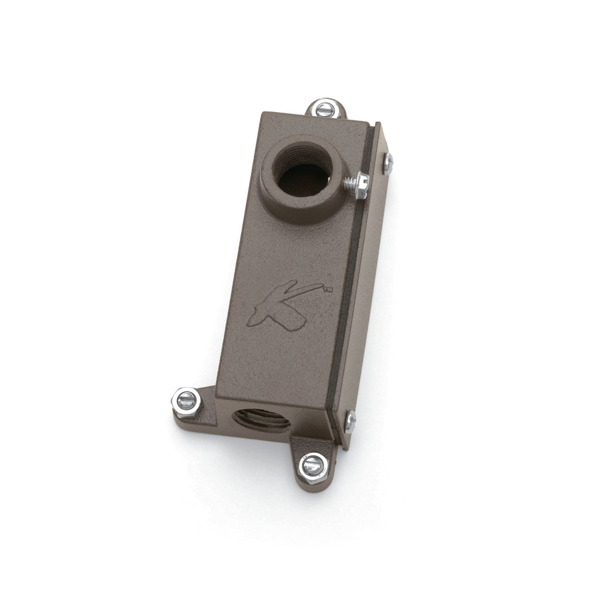 Textured black lighting accessory component with mounting bracket and round wire opening