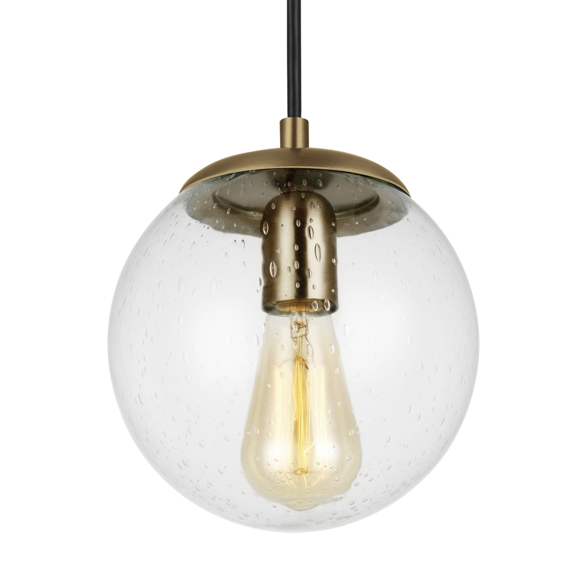 Leo Hanging Globe 8" LED Small Pendant, Satin Brass Finish with Clear Seeded Glass - Bees Lighting