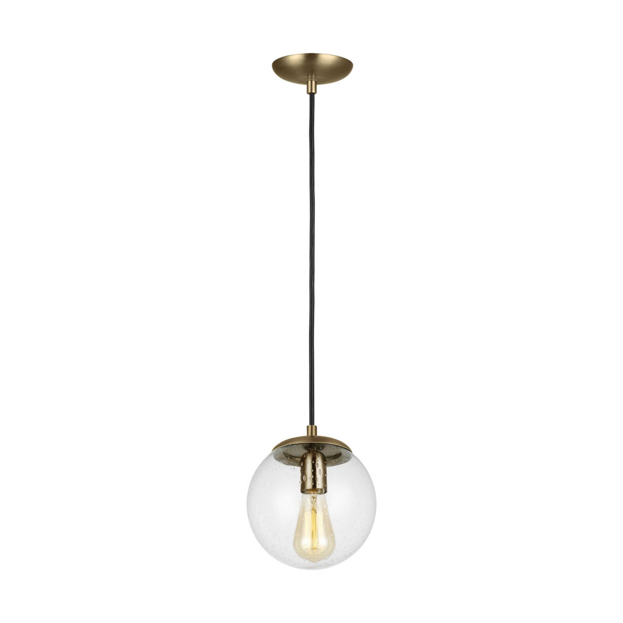 Leo Hanging Globe 8" LED Small Pendant, Satin Brass Finish with Clear Seeded Glass - Bees Lighting