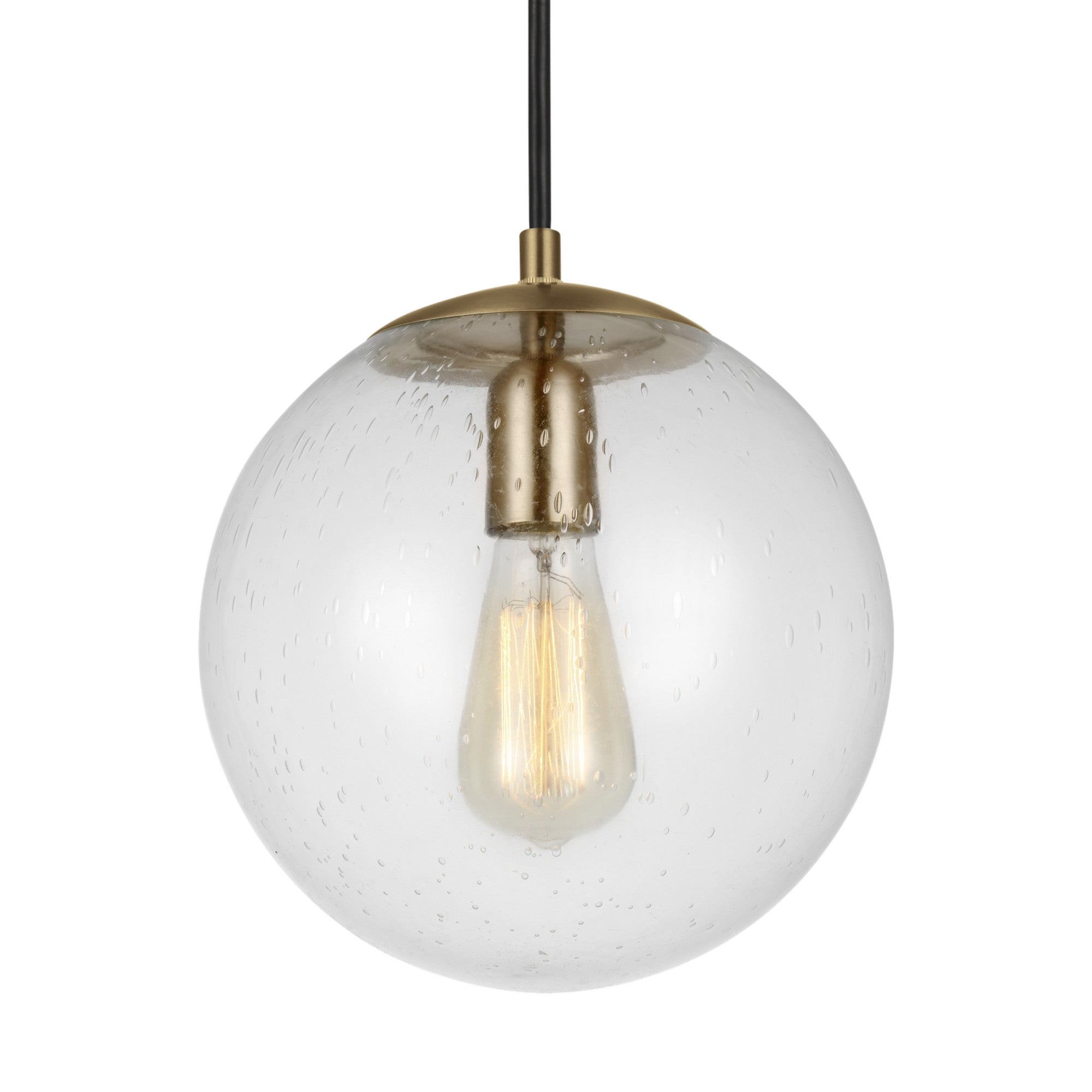 Leo Hanging Globe 10" LED Medium Pendant, Satin Brass Finish with Clear Seeded Glass - Bees Lighting