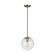 Leo Hanging Globe 10" LED Medium Pendant, Satin Brass Finish with Clear Seeded Glass - Bees Lighting